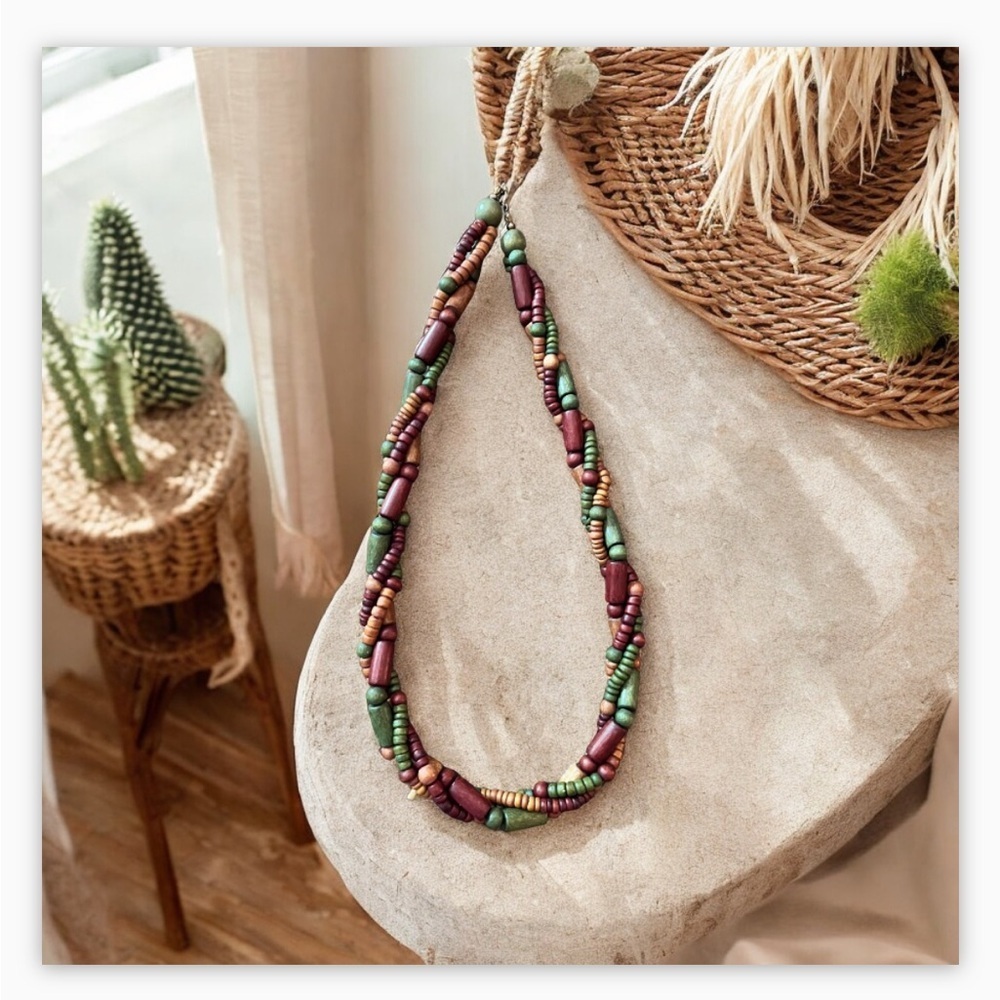 VTG-Handmade Real Wood MultiBead Twist Necklace -23 inch-Rustic EarthTones-Boho!